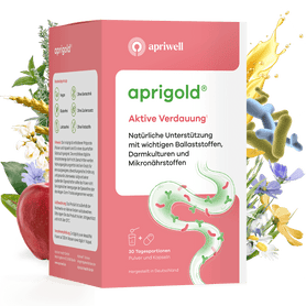 Produktbild – Produktverpackung von aprigold mit Informationen zur aktiven Verdauung.