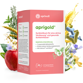 Produktbild
aprigold Synbiotikum für eine aktive Verdauung und gesunde Schleimhäute. Natürliche Unterstützung: 11 essenzielle Ballaststoffe, 25 Mrd. aktive Verdauungsbakterien, Mit Calcium und Biotin. 30 Tagesportionen Pulver und Kapseln. Hergestellt in Deutschland.