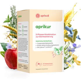 Produktbild
aprikur – 2-Phasen Kombination zur Darmsanierung. Natürliches Wohlbefinden: 11 essenzielle Ballaststoffe, 25 Mrd. aktive Verdauungsbakterien, mit Calcium und Biotin. Enthält 30 Tagesportionen Pulver und Kapseln. Hergestellt in Deutschland.