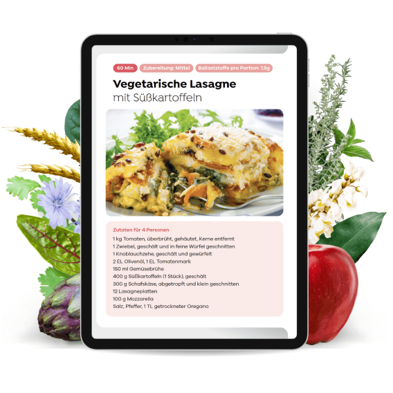 Produktbild – zeigt die Rezeptseite einer vegetarischen Lasagne mit Süßkartoffeln, inklusive Zutatenliste und Zubereitungszeit.