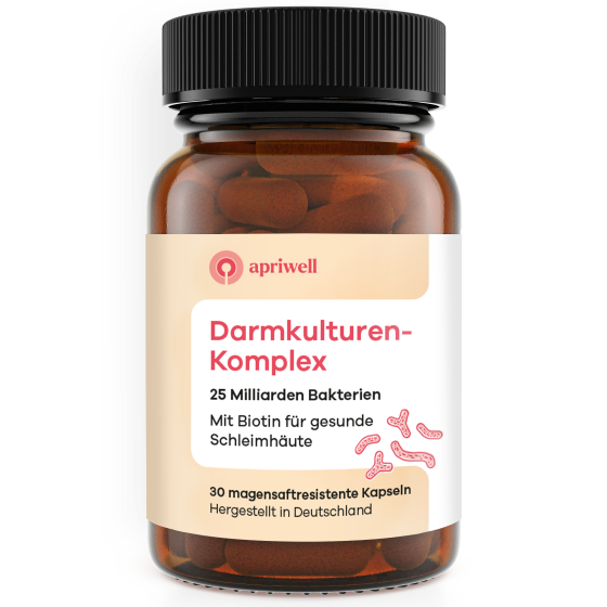 Produktbild: Eine Flasche mit "Darmkulturen-Komplex" von apriwell. Das Etikett gibt an: 25 Milliarden Bakterien, mit Biotin für gesunde Schleimhäute, 30 magensaftresistente Kapseln, hergestellt in Deutschland.