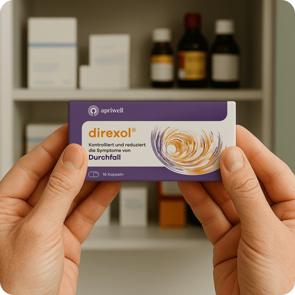 Hände halten eine Packung Direxol mit der Aufschrift „apriwell, direxol, Kontrolliert und reduziert die Symptome von Durchfall, 16 Kapseln“.