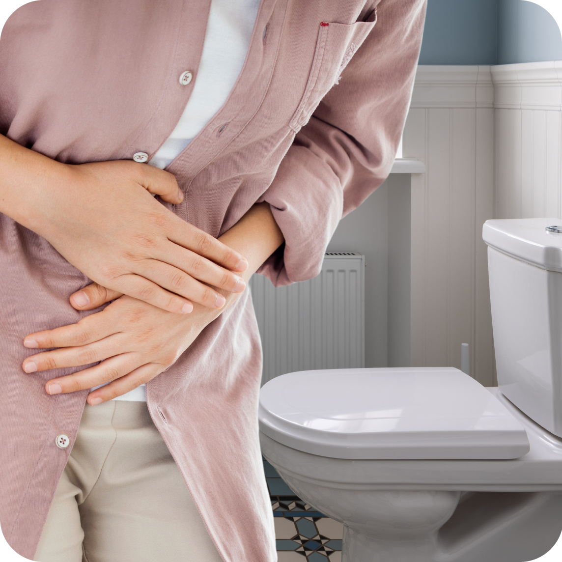 Beratung – zeigt Menschen als Ansprechpartner; nenne ihren Namen und ihre Funktion.Eine Person mit den Händen im Bauch vor einer Toilette.