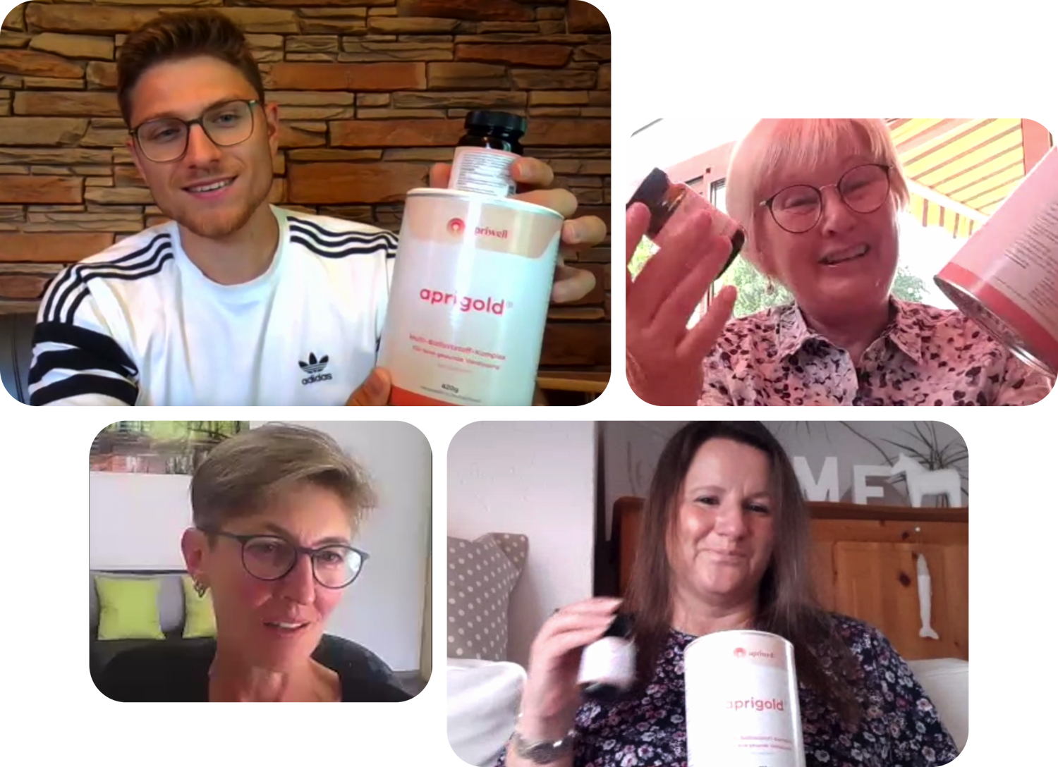 Vier Personen in einzelnen Video-Fenstern. Ein Mann zeigt eine Packung priwell aprigold Multi-Ballaststoff-Komplex für eine gesunde Verdauung und eine kleine Flasche. Eine Frau hält eine Packung Aprigold und eine kleine Flasche. Eine weitere Frau zeigt zwei Produktpackungen, die nicht lesbar sind. Eine vierte Person ist im Bild zu sehen.