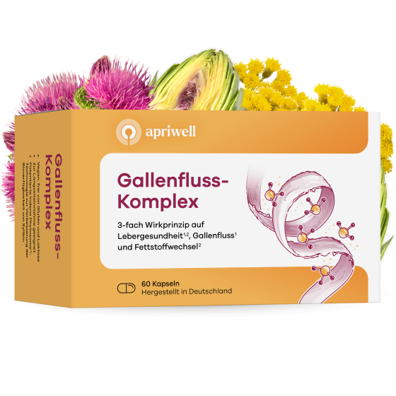 Produktbild – Packung „Gallenfluss-Komplex“ mit Illustrationen des 3-fach Wirkprinzips. Darunter sind die Eigenschaften: unabhängig laborgeprüft, hergestellt in Deutschland und 100% natürlich zu sehen.