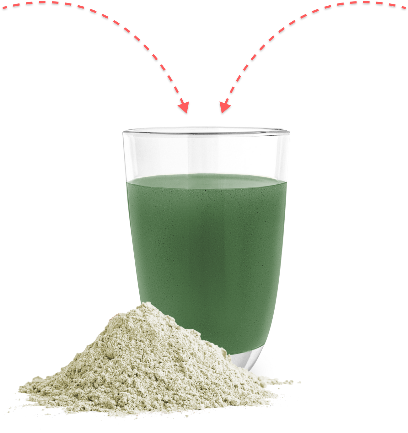Produktbild – Ein Glas mit einem grünen Getränk und daneben ein Haufen Pulver. Rote Pfeile deuten an, wie das Pulver in das Getränk gegeben wird.
