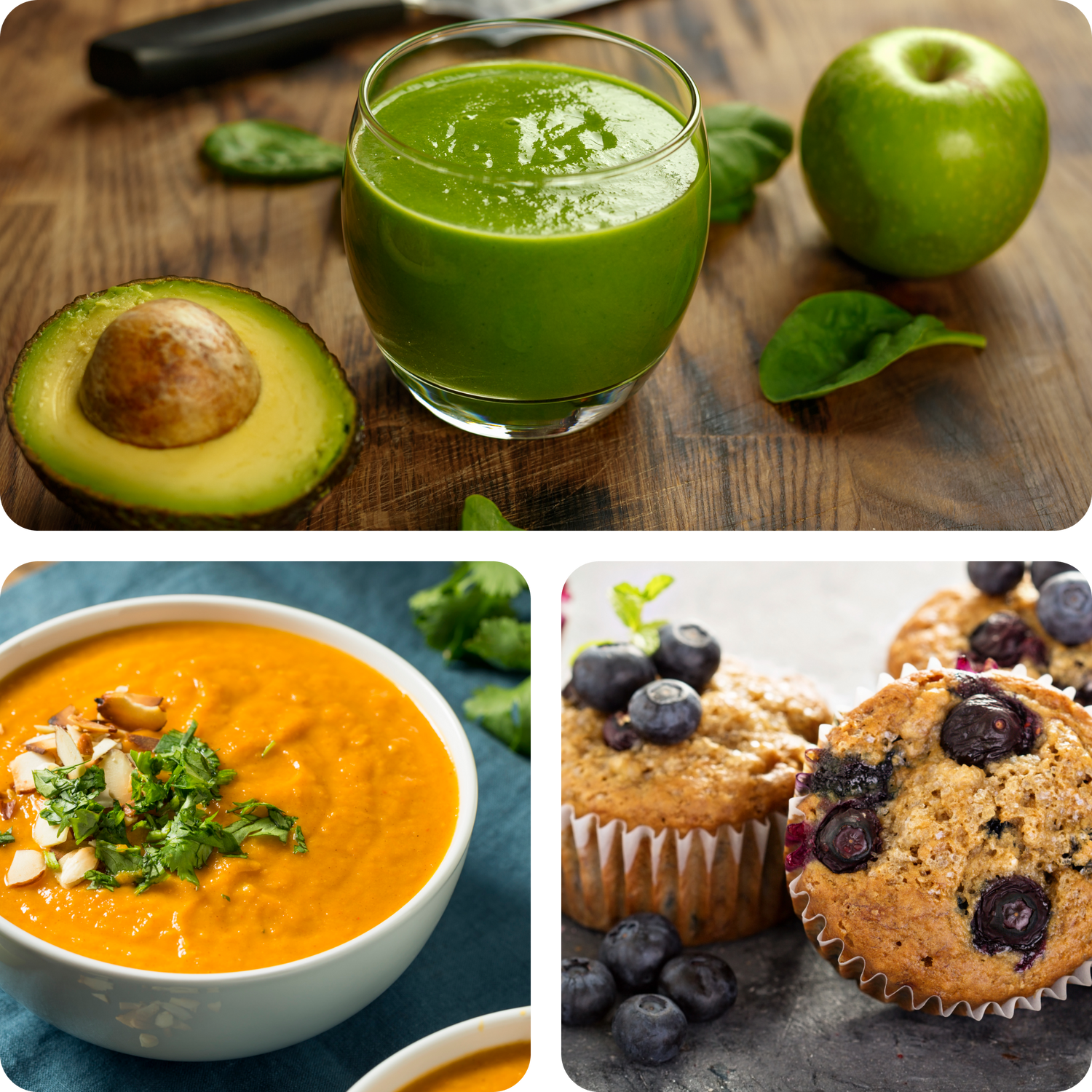 Produktbild – Drei Collage-Bilder: Ein grüner Smoothie mit Avocado, Spinat und Apfel; eine Schüssel mit orangefarbener Suppe garniert mit Mandeln und Kräutern; Blaubeer-Muffins mit frischen Blaubeeren.