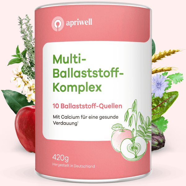 Produktbild – Die Dose des Multi-Ballaststoff-Komplex von apriwell zeigt den Schriftzug "Multi-Ballaststoff-Komplex", "10 Ballaststoff-Quellen" und "Mit Calcium für eine gesunde Verdauung" (siehe Quelle 1). Darunter ist das Gewicht "420g" und der Herstellungsort "Hergestellt in Deutschland" angegeben. Umgeben ist die Dose von Illustrationen von Kräutern, einer roten Apfelhälfte, Getreideähren und einer blauen Blüte.