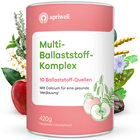 Produktbild: Eine Packung Multi-Ballaststoff-Komplex von apriwell. Auf der Vorderseite stehen die Texte: Multi-Ballaststoff-Komplex, 10 Ballaststoff-Quellen, Mit Calcium für eine gesunde Verdauung (siehe Quelle 1), 420g, Hergestellt in Deutschland. Um die Packung herum sind Illustrationen von Pflanzen und Äpfeln zu sehen.
