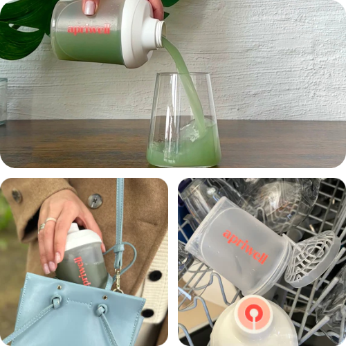 Eine Hand gießt ein grünes Getränk aus einem Behälter in ein Glas. Links unten steckt ein Behälter in einer hellblauen Tasche. Rechts unten liegt ein leerer Behälter in einem Geschirrspüler.