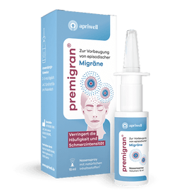 Produktbild – Vorderansicht der Verpackung und des Nasensprays von Premigran. Auf der Packung sind die Worte "Zur Vorbeugung von episodischer Migräne" sowie eine stilisierte Darstellung eines Kopfes mit Schmerzpunkten zu sehen. Darunter steht "Verringert die Häufigkeit und Schmerzintensität".