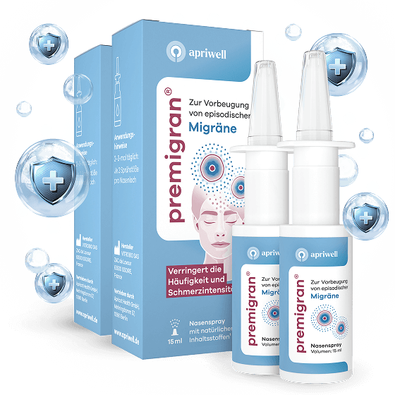 Produktbild – zwei Packungen und zwei Nasensprays von Premigran, einem Nasenspray zur Vorbeugung von Migräne mit natürlichen Inhaltsstoffen. Es zeigt stilisierte Köpfe mit aufsteigenden Symbolen, die Migränesymptome darstellen sollen, sowie Schutzschilde mit Kreuzen.