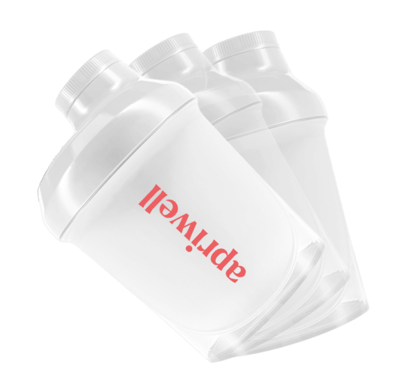 Produktbild – Ein weißer Shaker mit dem Schriftzug „apriwell“ in korallenroter Farbe ist auf mehreren Ebenen übereinander dargestellt.