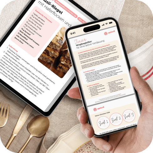 Infografik – Auf einem Tablet und einem Smartphone werden Informationen zur Verdauung und ein Rezept für Müsliriegel gezeigt.