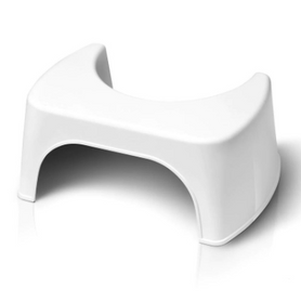 Produktbild – Ein weißer Toilettenhocker mit einer U-förmigen Aussparung und geschwungenen Beinen, der für eine natürliche Sitzhaltung konzipiert ist.