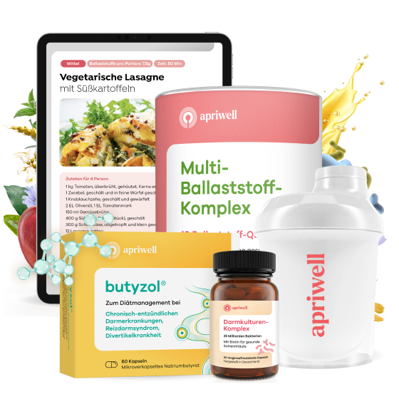 Produktbild
Die Abbildung zeigt drei Produktverpackungen von Apriwell: eine Dose "Multi-Ballaststoff-Komplex", eine Packung "butyrol" mit dem Zusatz "Zum Diätmanagement bei Chronisch-entzündlichen Darmerkrankungen, Reizdarmsyndrom, Divertikelkrankheit" und eine Flasche "Darmkulturen-Komplex". Daneben steht ein weißer Shaker. Im Hintergrund ist ein Tablet mit einem Rezept für "Vegetarische Lasagne mit Süßkartoffeln" zu sehen.