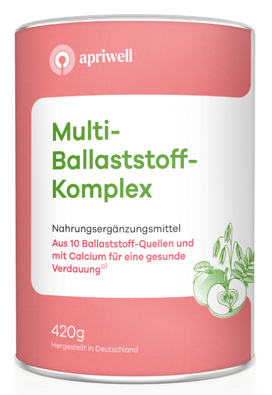 Produktbild: Eine Dose des Produkts "Multi-Ballaststoff-Komplex" von apriwell. Darauf steht: "Nahrungsergänzungsmittel Aus 10 Ballaststoff-Quellen und mit Calcium für eine gesunde Verdauung (siehe Quelle a)". Daneben sind eine halbe Apfel und Haferähren abgebildet. Darunter steht "420g Hergestellt in Deutschland".