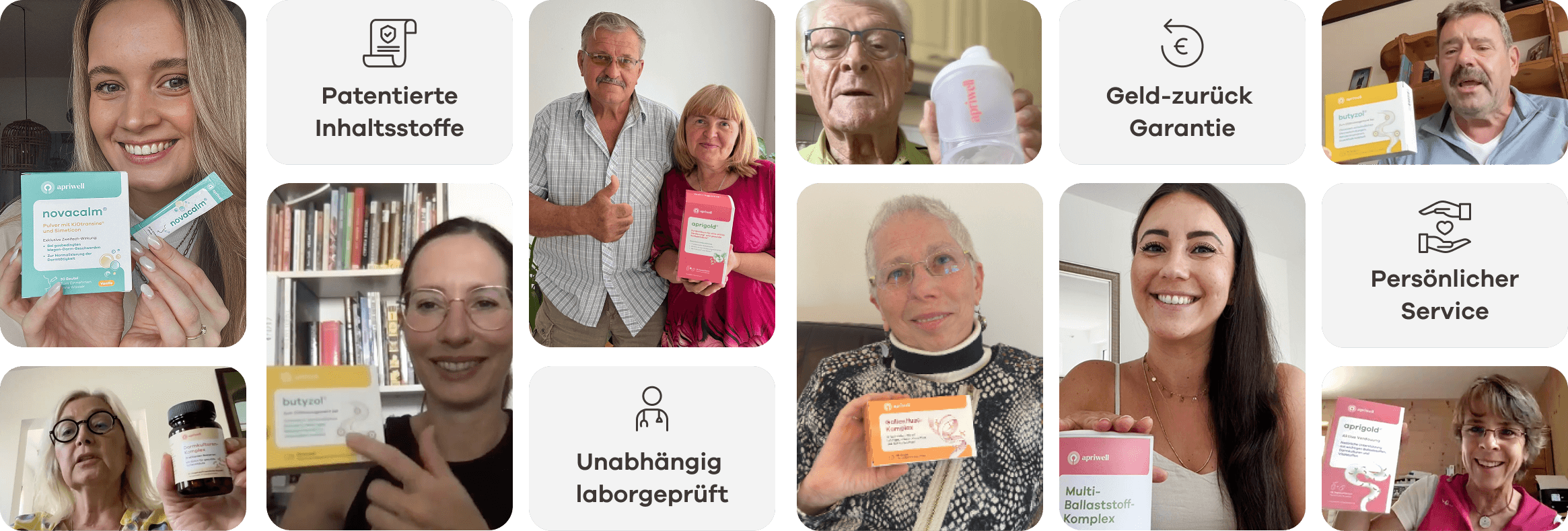 Apriwell Produkte mit patentierten Inhaltsstoffen, Laborprüfung, Geld-zurück-Garantie und Bestpreisgarantie – präsentiert von echten Kundinnen und Kunden