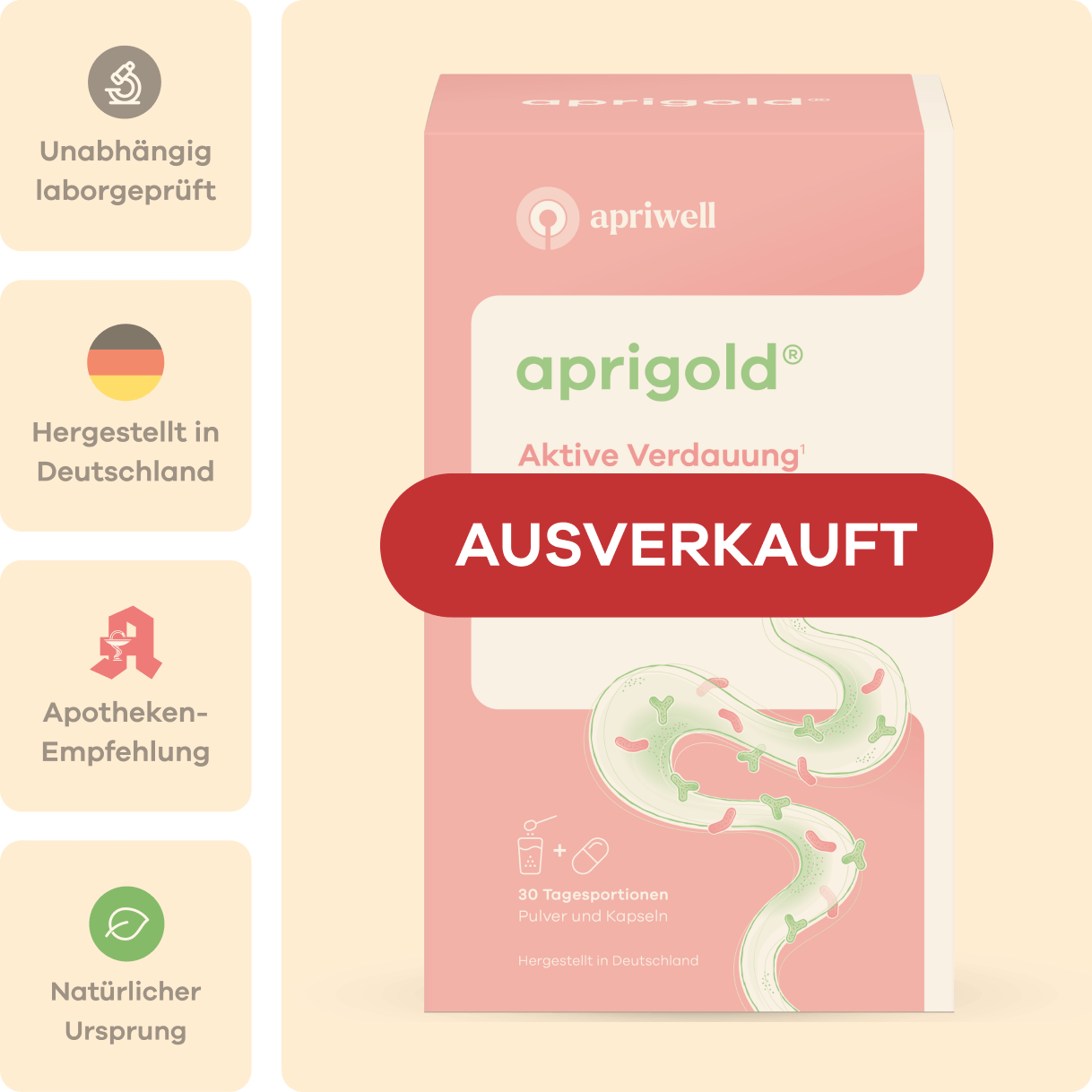 Produktpackung Aprigold für eine aktive Verdauung (siehe Quelle 1). Quer über die Packung ist ein roter Balken mit der Aufschrift AUSVERKAUFT gelegt. Auf der Vorderseite sind eine Darmillustration mit Mikroorganismen, 30 Tagesportionen Pulver und Kapseln sowie der Hinweis Hergestellt in Deutschland zu sehen. Links daneben vier Symbole: Unabhängig laborgeprüft, Hergestellt in Deutschland, Apotheken-Empfehlung, Natürlicher Ursprung.