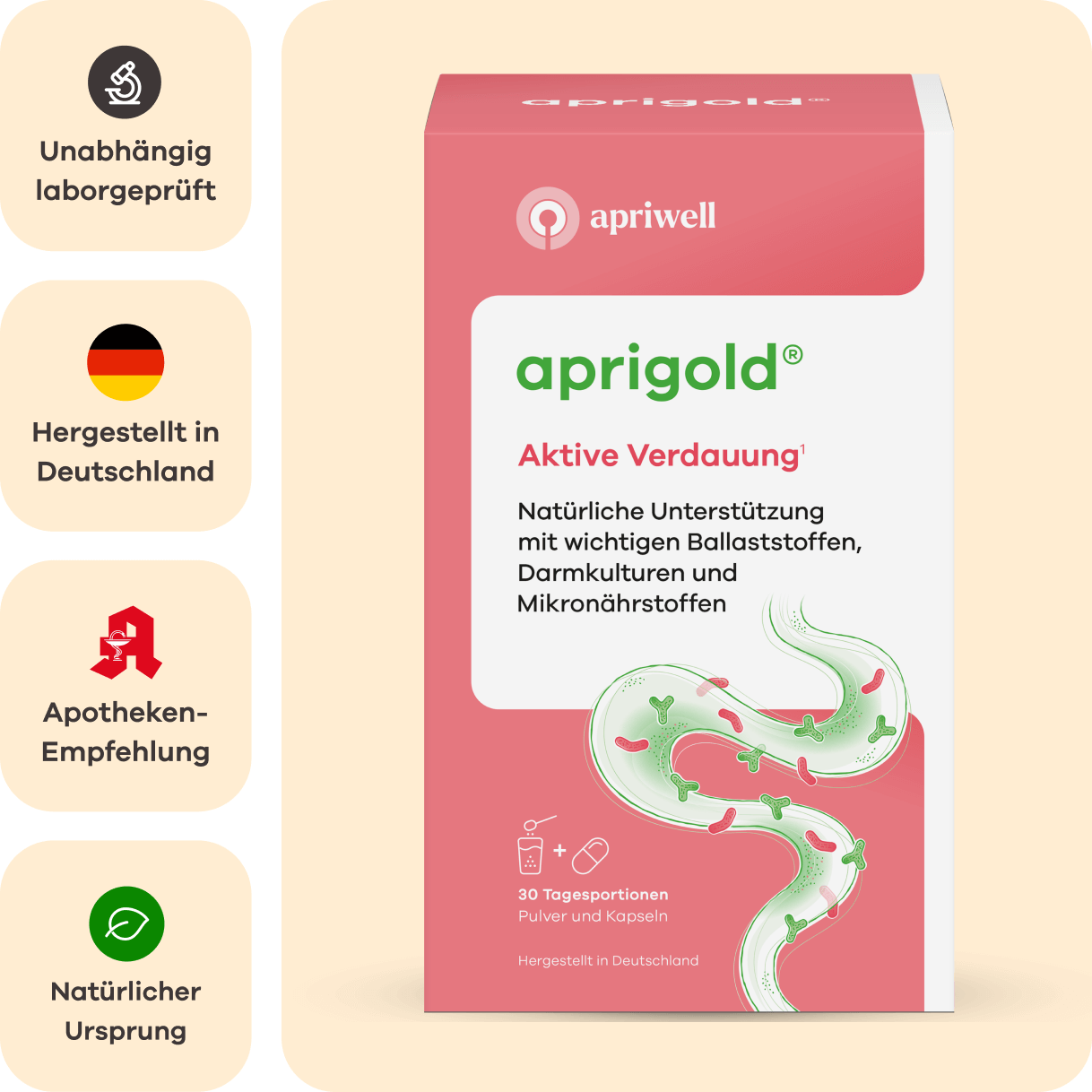 Eine Packung aprigold Aktive Verdauung (siehe Quelle 1) für natürliche Unterstützung mit wichtigen Ballaststoffen, Darmkulturen und Mikronährstoffen. Es enthält 30 Tagesportionen Pulver und Kapseln. Das Produkt ist unabhängig laborgeprüft, in Deutschland hergestellt, eine Apotheken-Empfehlung und von natürlichem Ursprung.