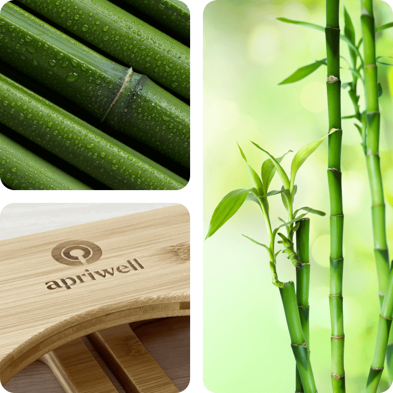 Eine Illustration mit drei Motiven. Oben links sind grüne Bambusstangen mit Wassertropfen. Rechts stehen Bambusrohre mit Blättern in spiegelndem Wasser. Unten links ist die Holzoberfläche eines Toilettenhockers mit dem apriwell-Logo eingraviert.