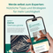 Infografik. Werde selbst zum Experten: Nützliche Tipps und Strategien für mehr Leichtigkeit. Ein Tablet zeigt Kapitel 11 mit dem Titel Deine Werkzeugkiste sowie einen Text zur Linderung akuter Beschwerden und eine Abbildung eines Werkzeugkastens. Ein Smartphone zeigt Kapitel 3 mit dem Titel Was steckt hinter den Beschwerden? sowie Informationen zu übermäßiger Gasbildung und das Bild eines gewölbten Bauches.