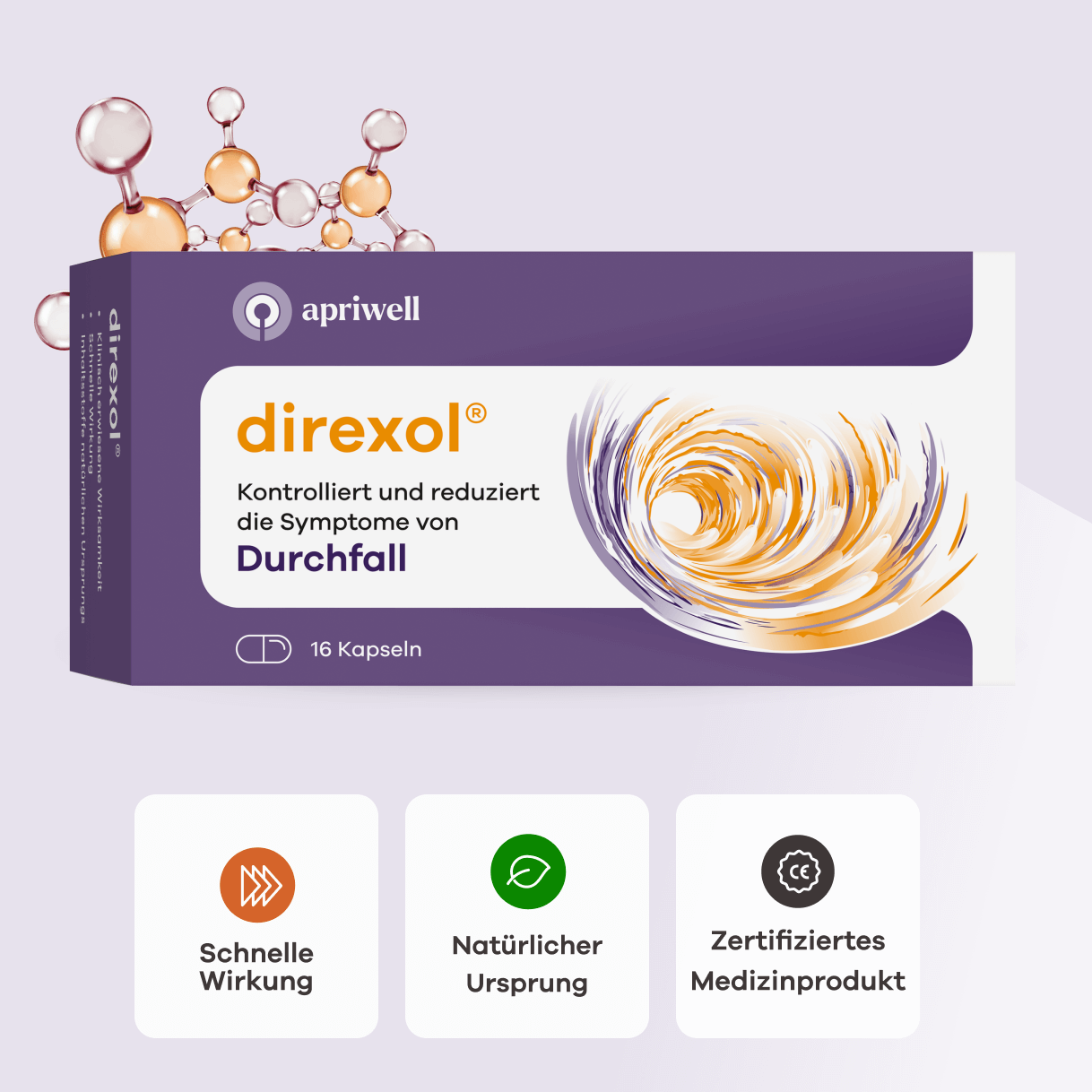 Infografik einer Packung Direxol Kapseln mit dem Text "apriwell direxol®, Kontrolliert und reduziert die Symptome von Durchfall, 16 Kapseln". Darunter sind drei Infokarten: Schnelle Wirkung, Natürlicher Ursprung, Zertifiziertes Medizinprodukt.