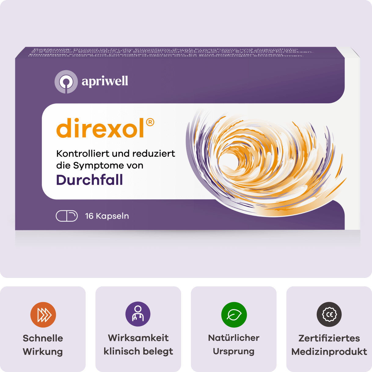Produktpackung Direxol von apriwell. Auf der Packung steht: Kontrolliert und reduziert die Symptome von Durchfall, 16 Kapseln. Darunter vier Karten mit den Beschreibungen: Schnelle Wirkung, Wirksamkeit klinisch belegt, Natürlicher Ursprung und Zertifiziertes Medizinprodukt.