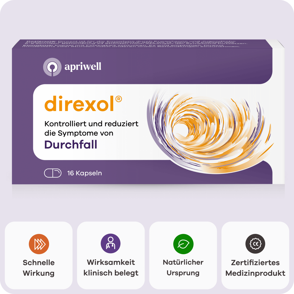 Infografik mit der lila apriwell direxol Produktverpackung. Sie kontrolliert und reduziert die Symptome von Durchfall und enthält 16 Kapseln. Ein wirbelndes Muster in Orange und Lila ist zu sehen. Vier Kacheln darunter beschreiben: Schnelle Wirkung, Wirksamkeit klinisch belegt, Natürlicher Ursprung, Zertifiziertes Medizinprodukt.