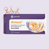 Eine violette Packung apriwell Direxol mit der Aufschrift: Kontrolliert und reduziert die Symptome von Durchfall. Inhalt: 16 Kapseln. Auf der Seite sind die Hinweise Klinisch erwiesene Wirksamkeit, Inhaltsstoffe natürlichen Ursprungs zu lesen.