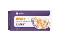 Produktbild der violetten Direxol Packung mit orangefarbenem Schriftzug. Auf der Packung steht: apriwell, direxol, Kontrolliert und reduziert die Symptome von Durchfall, 16 Kapseln. Eine orange-lila Wirbelgrafik ist rechts auf der Packung zu sehen.
