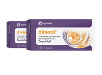 Produktbild. Zwei Packungen Direxol. Die violette Verpackung zeigt den Schriftzug "apriwell" und "direxol®", darunter "Kontrolliert und reduziert die Symptome von Durchfall" sowie "16 Kapseln".