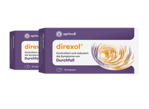 Produktbild. Zwei Packungen Direxol. Die violette Verpackung zeigt den Schriftzug "apriwell" und "direxol®", darunter "Kontrolliert und reduziert die Symptome von Durchfall" sowie "16 Kapseln".
