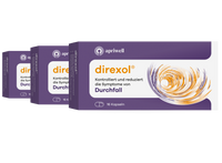 Drei lilafarbene Packungen Direxol mit dem Logo „apriwell“. Die Aufschrift lautet „direxol®“, „Kontrolliert und reduziert die Symptome von Durchfall“ und „16 Kapseln“. Rechts ist ein oranges, wirbelförmiges Muster zu sehen.