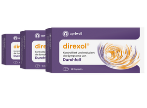 Drei lilafarbene Packungen Direxol mit dem Logo „apriwell“. Die Aufschrift lautet „direxol®“, „Kontrolliert und reduziert die Symptome von Durchfall“ und „16 Kapseln“. Rechts ist ein oranges, wirbelförmiges Muster zu sehen.