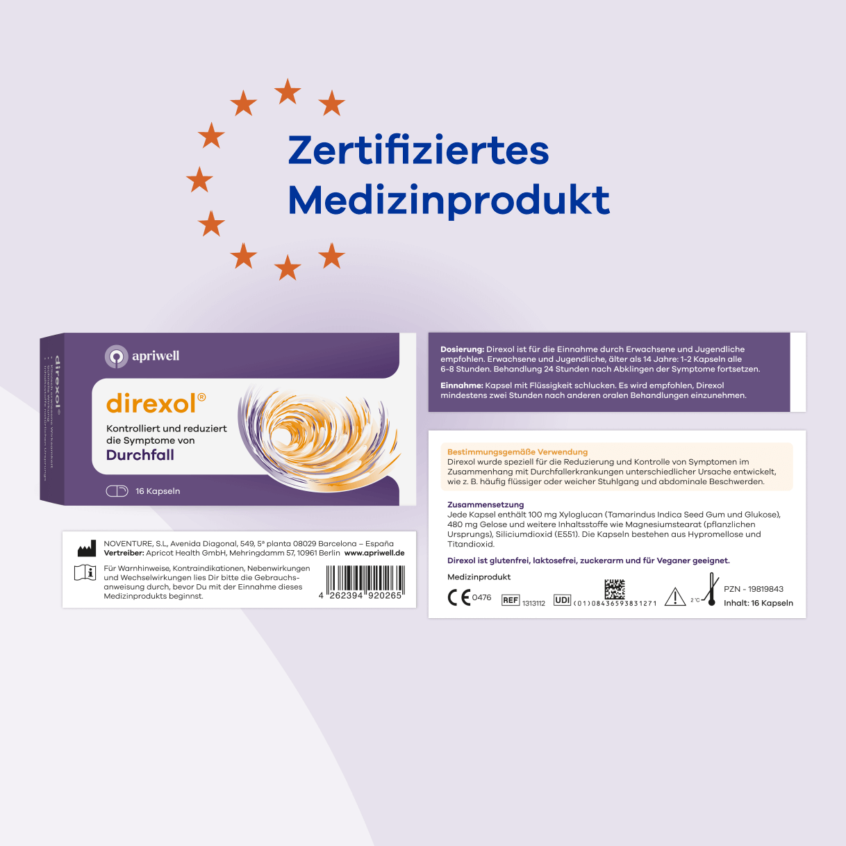 Zertifiziertes Medizinprodukt: Packung Direxol von apriwell. Es kontrolliert und reduziert Symptome von Durchfall, Inhalt 16 Kapseln. Eine orange-gelbe Wirbelgrafik ist zu sehen. Die Anwendungsbeschreibung empfiehlt 1-2 Kapseln alle 6-8 Stunden für Erwachsene und Jugendliche ab 14 Jahren. Direxol ist glutenfrei, laktosefrei, zuckerarm und für Veganer geeignet. Die Gebrauchsanweisung muss vor der Einnahme gelesen werden. PZN 19819843.