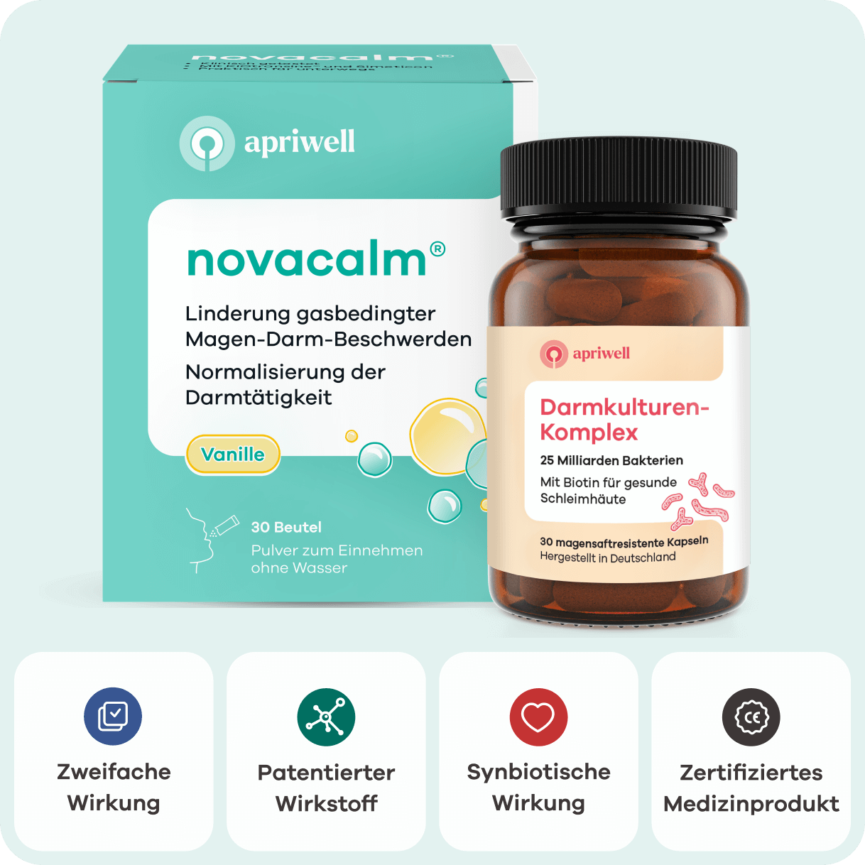 Produktbild Zwei Produktpackungen von apriwell. Links steht eine Packung Novacalm Vanille mit 30 Beuteln Pulver zur Linderung gasbedingter Magen-Darm-Beschwerden und Normalisierung der Darmtätigkeit. Rechts steht eine Dose Darmkulturen-Komplex mit 25 Milliarden Bakterien und Biotin für gesunde Schleimhäute, 30 magensaftresistente Kapseln, hergestellt in Deutschland. Darunter vier Icons mit Text: Zweifache Wirkung, Patentierter Wirkstoff, Synbiotische Wirkung und Zertifiziertes Medizinprodukt.
