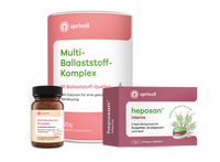 Ein hoher Behälter apriwell Multi-Ballaststoff-Komplex mit 10 Ballaststoff-Quellen und Calcium für gesunde Verdauung. Eine kleine Flasche apriwell Darmkulturen-Komplex mit 25 Milliarden Bakterien und Biotin für die Darmschleimhaut. Eine Packung apriwell heposan interna mit 3-fach Wirkprinzip für Blutgefäße, Bindegewebe und Haut (siehe Quelle 1). Es wirkt schnell (siehe Quelle 1) bis zu 8 Stunden mit 30 3-Phasen-Tabletten.