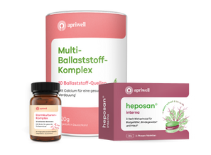 Ein hoher Behälter apriwell Multi-Ballaststoff-Komplex mit 10 Ballaststoff-Quellen und Calcium für gesunde Verdauung. Eine kleine Flasche apriwell Darmkulturen-Komplex mit 25 Milliarden Bakterien und Biotin für die Darmschleimhaut. Eine Packung apriwell heposan interna mit 3-fach Wirkprinzip für Blutgefäße, Bindegewebe und Haut (siehe Quelle 1). Es wirkt schnell (siehe Quelle 1) bis zu 8 Stunden mit 30 3-Phasen-Tabletten.