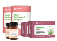 Zwei Packungen apriwell Multi-Ballaststoff-Komplex, zwei Flaschen apriwell Darmkulturen-Komplex mit 25 Milliarden Bakterien und Biotin für die Darmschleimhaut, sowie zwei Packungen apriwell heposan interna. Letztere haben ein 3-fach Wirkprinzip für Blutgefäße (siehe Quelle 1), Bindegewebe (siehe Quelle 2) und Haut (siehe Quelle 3) und wirken schnell (Quelle siehe Anmerkung) bis zu 8h mit 30 3-Phasen-Tabletten.