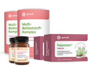 Zwei Packungen apriwell Multi-Ballaststoff-Komplex, zwei Flaschen apriwell Darmkulturen-Komplex mit 25 Milliarden Bakterien und Biotin für die Darmschleimhaut, sowie zwei Packungen apriwell heposan interna. Letztere haben ein 3-fach Wirkprinzip für Blutgefäße (siehe Quelle 1), Bindegewebe (siehe Quelle 2) und Haut (siehe Quelle 3) und wirken schnell (Quelle siehe Anmerkung) bis zu 8h mit 30 3-Phasen-Tabletten.