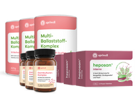 Drei Packungen Multi-Ballaststoff-Komplex von apriwell mit 10 Ballaststoff-Quellen und Calcium zur Verdauung. Daneben drei Flaschen Darmkulturen-Komplex von apriwell mit 25 Milliarden Bakterien und Biotin für die Darmschleimhaut. Im Vordergrund drei Schachteln Heposan interna von apriwell mit dem Text „3-fach Wirkprinzip für Blutgefäße, Bindegewebe und Haut (Quelle siehe Anmerkung)“ und „30x 3-Phasen-Tabletten“.