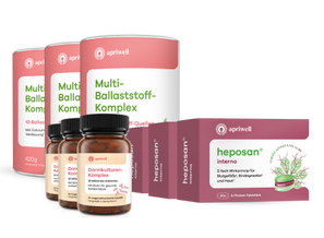 Drei Packungen Multi-Ballaststoff-Komplex von apriwell mit 10 Ballaststoff-Quellen und Calcium zur Verdauung. Daneben drei Flaschen Darmkulturen-Komplex von apriwell mit 25 Milliarden Bakterien und Biotin für die Darmschleimhaut. Im Vordergrund drei Schachteln Heposan interna von apriwell mit dem Text „3-fach Wirkprinzip für Blutgefäße, Bindegewebe und Haut (Quelle siehe Anmerkung)“ und „30x 3-Phasen-Tabletten“.