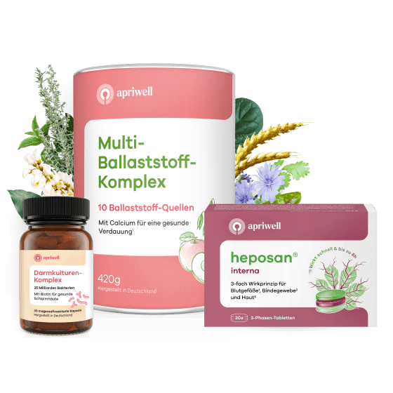 Drei Produkte: Multi-Ballaststoff-Komplex mit 10 Ballaststoff-Quellen und Calcium für gesunde Verdauung (siehe Quelle 1). Darmkulturen-Komplex, 30 Kapseln, mit 25 Milliarden Bakterien und Biotin für die Darmschleimhaut. heposan interna, 30 3-Phasen-Tabletten, 3-fach Wirkprinzip für Blutgefäße (siehe Quelle 1), Bindegewebe (siehe Quelle 2) und Haut (siehe Quelle 3). Wirkt schnell (siehe Quelle 1) bis zu 8 Stunden.