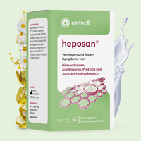 Produktpackung von apriwell heposan. Es verringert und lindert Symptome von Hämorrhoiden, Analfissuren, Proktitis und Juckreiz im Analbereich. Die Packung enthält 10 Einwegtuben Proktologisches Gel. Die Zusammensetzung mit Inhaltsstoffen wie Hyaluronsäure und Trisolve P ist auf der Packung abgebildet, ebenso Hersteller Alma S.r.l. und Vertreiber Apricot Health GmbH.