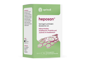Produktpackung Heposan von apriwell. Das Gel verringert und lindert Symptome von Hämorrhoiden, Analfissuren, Proktitis und Juckreiz im Analbereich. Die Packung enthält 10 Einwegtuben proktologisches Gel. Auf der Vorderseite sind das apriwell Logo und eine hexagonale Grafik abgebildet. Eine Seite zeigt die Zusammensetzung und Kontaktdaten wie www.apriwell.de.