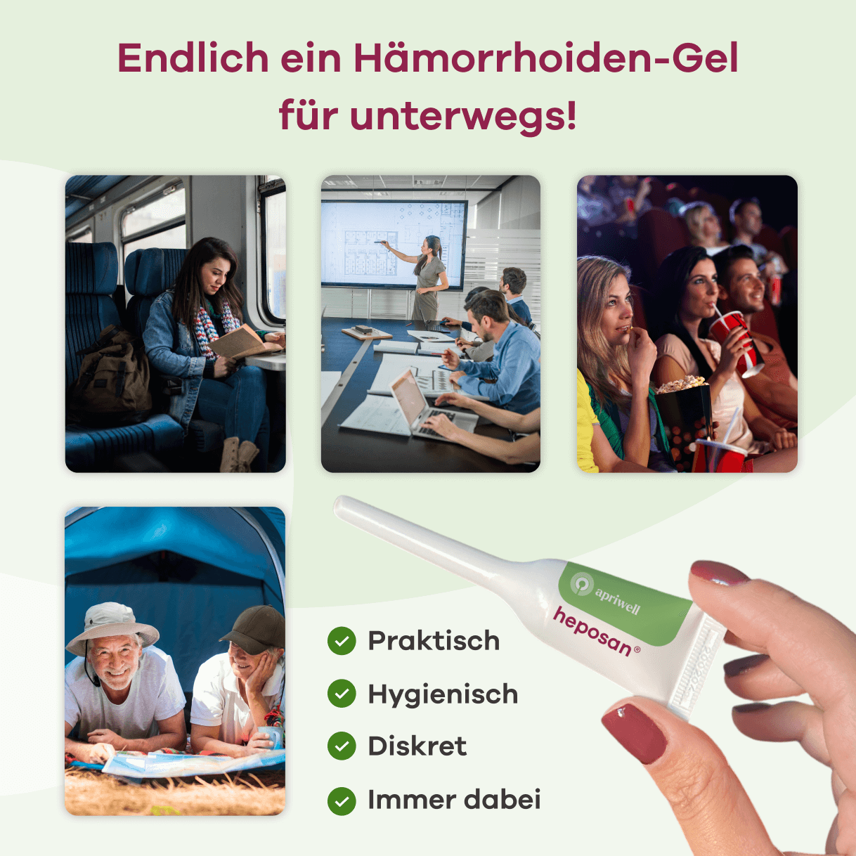 Infografik: Endlich ein Hämorrhoiden-Gel für unterwegs! Bilder zeigen verschiedene Situationen wie eine Frau im Zug, eine Besprechung, Leute im Kino und ein Paar im Zelt. Eine Hand hält ein weißes Hämorrhoiden-Gel von apriwell hepason®. Die Vorteile sind: Praktisch, Hygienisch, Diskret und Immer dabei.