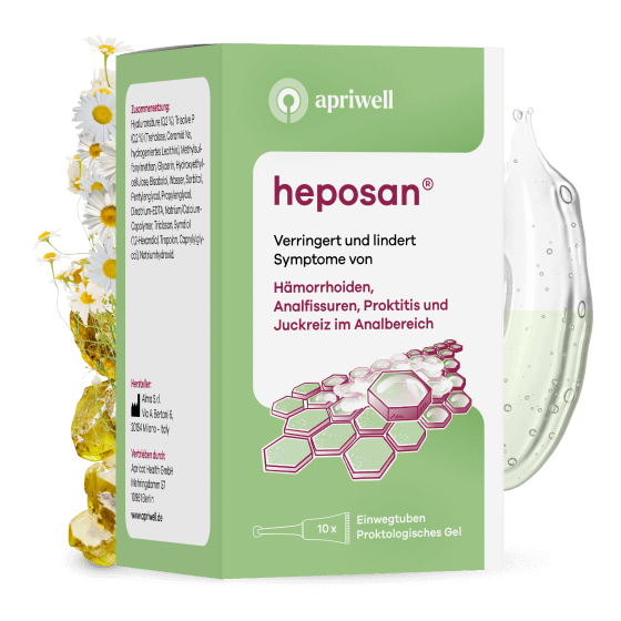 Produktpackung heposan von apriwell. Der Text auf der Packung beschreibt, dass es Symptome von Hämorrhoiden, Analfissuren, Proktitis und Juckreiz im Analbereich verringert und lindert. Die Packung enthält 10 Einwegtuben Proktologisches Gel. Daneben sind Kamillenblüten und eine transparente Gel-Darstellung zu sehen.