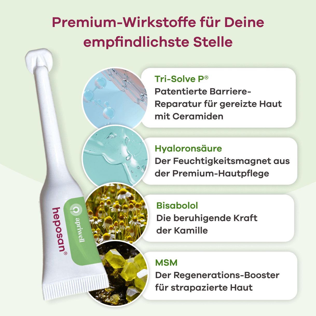 Ein Applikator der Marke heposan® apriwell zeigt Premium-Wirkstoffe für empfindlichste Stellen. Diese sind: Tri-Solve P® als patentierte Barriere-Reparatur für gereizte Haut mit Ceramiden, Hyaluronsäure als Feuchtigkeitsmagnet aus der Premium-Hautpflege, Bisabolol als beruhigende Kraft der Kamille und MSM als Regenerations-Booster für strapazierte Haut.
