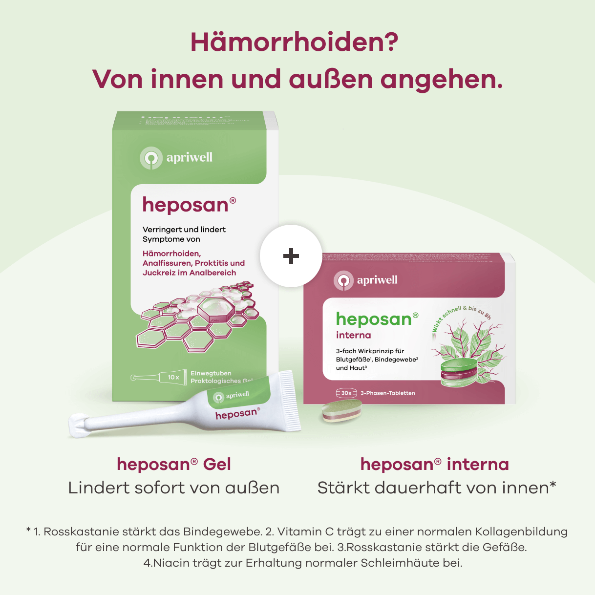 Infografik: „Hämorrhoiden? Von innen und außen angehen.“ Das Bild zeigt zwei Apriwell Heposan Produkte. Links: Heposan Gel (10 Einwegtuben) lindert Hämorrhoiden-Symptome wie Analfissuren, Proktitis und Juckreiz im Analbereich – sofort von außen. Rechts: Heposan Interna (30 3-Phasen-Tabletten) mit 3-fachem Wirkprinzip für Blutgefäße (siehe Quelle 1), Bindegewebe (siehe Quelle 2) und Haut (siehe Quelle 3) – stärkt dauerhaft von innen (Quelle siehe Anmerkung).